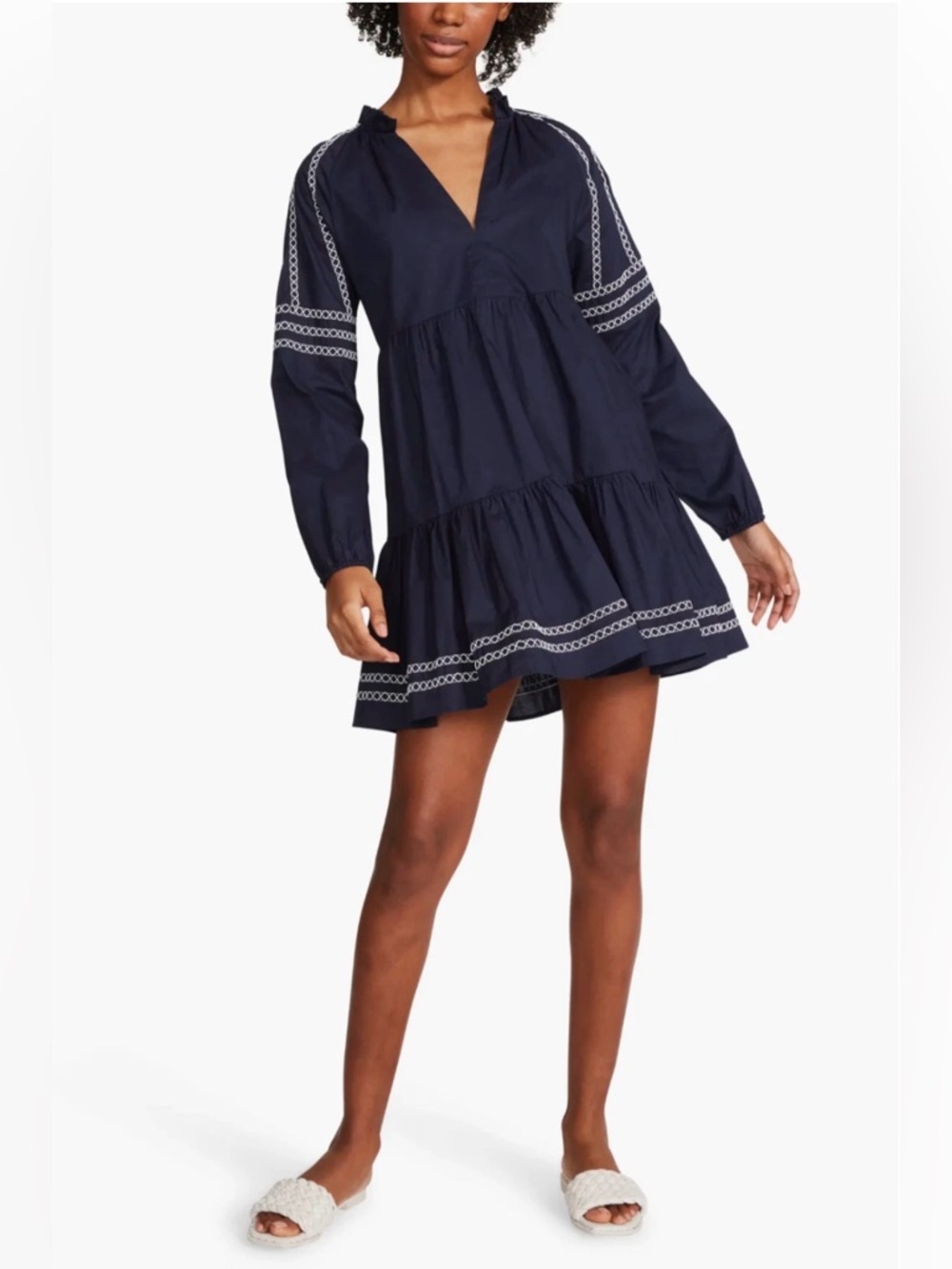BB Dakota Navy Embroidered Cotton Tiered Flowy Mini Preppy Resort Boho dress XL